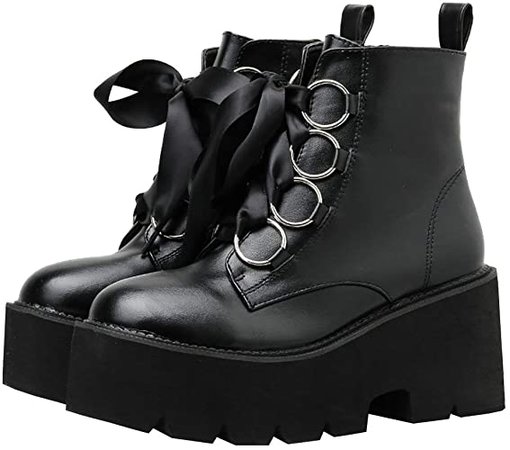 Amazon.com | Parisuit Womens Chunky Platform Goth Boots Lace Up High Heel Ankle Combat Boots Punk Buckle Booties-Black Size 4.5 | Ankle & Bootie