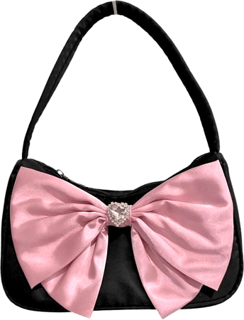 satin black bag with a pink bow