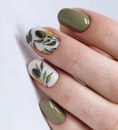 Green floral nail polish art