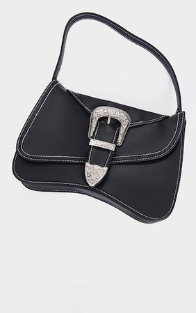Black Pu Ornate Silver Buckle Shoulder Bag | PrettyLittleThing