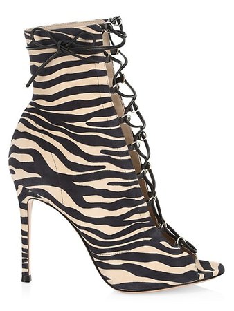 Gianvito Rossi Lenoir Lace-Up Zebra-Stripe Leather Peep-Toe Booties | SaksFifthAvenue