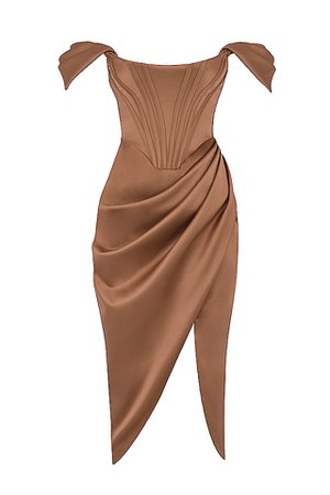 Clothing : Bodycon Dresses : 'Loretta' Toffee Satin Off Shoulder Dress