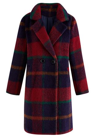 Festive Tartan Fuzzy Wool-Blend Blazer Coat - Retro, Indie and Unique Fashion