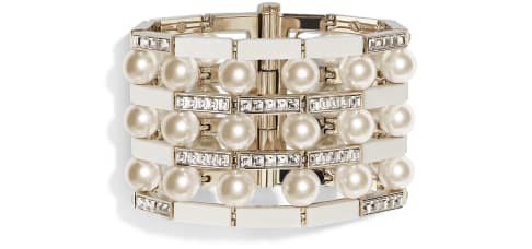 Cuff, metal, imitation pearls & strass, gold, pearly white, white & crystal - CHANEL