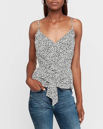 Spotted Pleated Wrap Front Peplum Cami