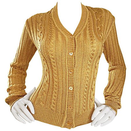 1990s Moschino Cheap & Chic Vintage Gold Metallic Ribbed Cardigan 90s Sweater