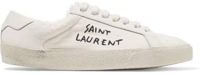 Leather-trimmed Logo-embroidered Canvas Sneakers - Cream