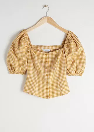 Linen Puff Sleeve Gingham Top - Yellow Gingham - Tops - & Other Stories
