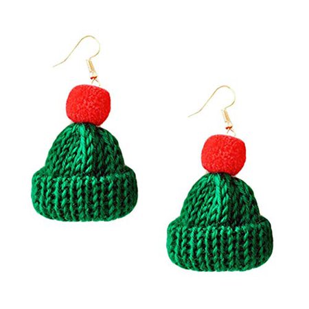 Challyhope Women Fashion Cute Hat Dangle Earrings Wool Fur Ball Ear Hook Eardrop Earring Gift For Teen Girls (Green - Short, Alloy): Jewelry