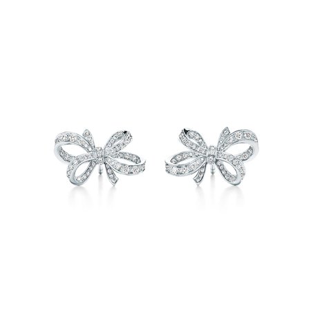 Tiffany Bow ribbon earrings in platinum with diamonds, mini. | Tiffany & Co.