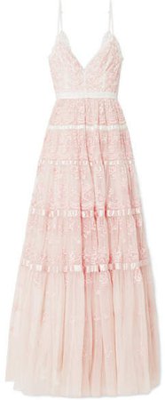 Satin-trimmed Embroidered Tulle Gown - Pastel pink