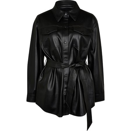 Black faux leather belted shacket | River Island