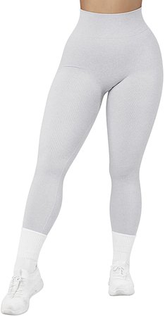 SUUKSESS Women Ribbed Seamless Leggings High Waisted Tummy Control Workout Yoga Pants (Marl Light Grey, M) at Amazon Women’s Clothing store