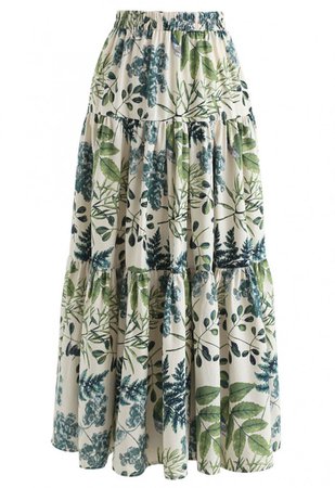 Natural Leaves Printed Linen-Blend Maxi Skirt - NEW ARRIVALS - Retro, Indie and Unique Fashion