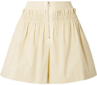 Gathered Cotton-poplin Shorts - Pastel yellow