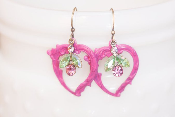 Heart Earrings Sparkly Rhinestone Jewelry Pink Heart Dangle | Etsy