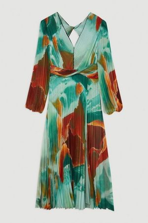 Abstract Printed Soft Pleated Woven Maxi Dress | Karen Millen