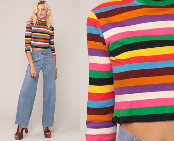 Rainbow Crop Top Striped Cropped Blouse TURTLENECK Shirt 90s