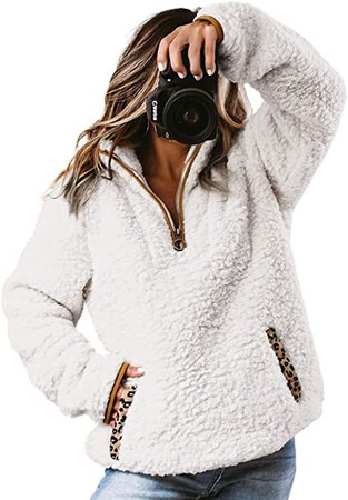 Lovezesent Women's Plus Size Quarter Zipper Turtleneck Shaggy Sherpa Sweatshirt Winter Fuzzy Fleece Pullover Outwear Coat with Pockets White 2XL at Amazon Women's Coats Shop