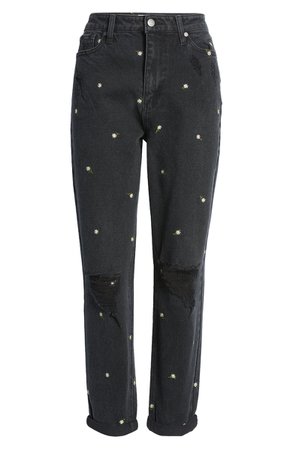 Tinsel Daisy Embroidered Ripped High Waist Mom Jeans (Washed Black) | Nordstrom