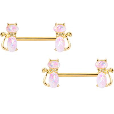 14 Gauge 9/16 Clear Gem Gold Tone Glamour Cat Barbell Nipple Ring Set – BodyCandy