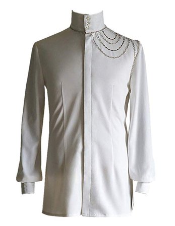 Vintage Stand Collar Shirt Men Shirt Handmade Shoulder Chain Set (Large, White) at Amazon Men’s Clothing store