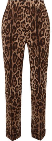 Leopard-print Wool-blend Straight-leg Pants - Brown