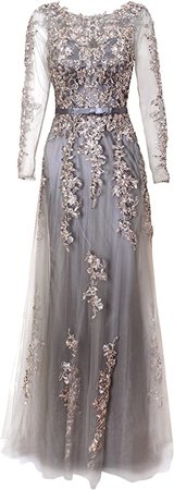 Amazon.com: Meier Women's Illusion Long Sleeve Embroidery Prom Formal Dress (12, Silver Grey): Clothing