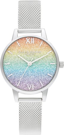 Rainbow Glitter Dial Mesh Strap Watch, 30mm
