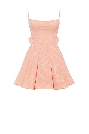 Clothing : Mini Dresses : 'Rosalinda' Peach Jacquard Mini Bow Gown