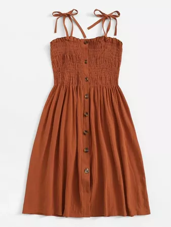 Smocked Buttoned Self-Tie Cami Dress