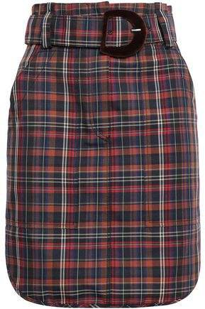 Velvet-trimmed Checked Woven Mini Skirt