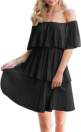 SAUKOLE Women's Casual Off The Shoulder Sleeveless Tiered Ruffle Pleated Short Party Beach Dress at Amazon Women’s Clothing store