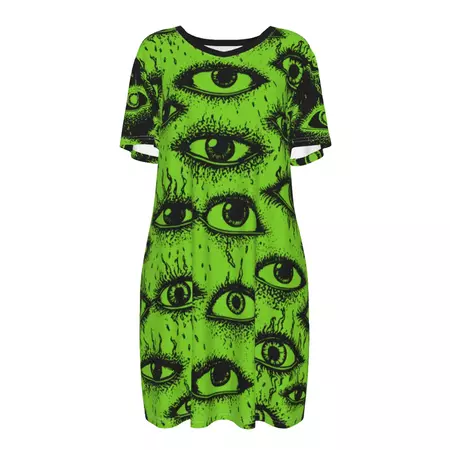 Weirdy Eye Cotton Night or Day Dress Lime Green Scenecore Weirdcore Lo – AbyssWares