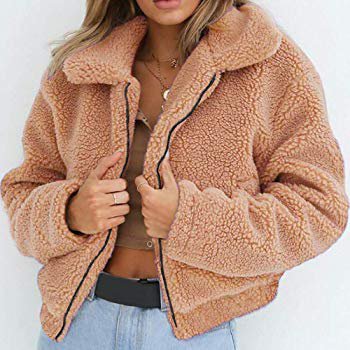 Amazon.com: JOFOW Women's Faux Fur Coats,Winter Solid Lapel Turn Down Collar Slim Zipper Short Cropped Jackets Parkas Wool Coat for Women (S,Khaki): Clothing
