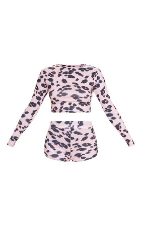 Pink Leopard Print Long Sleeve Crop Shorts Pj Set | PrettyLittleThing