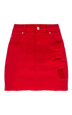 Red Distressed Denim Mini Skirt | Denim | PrettyLittleThing
