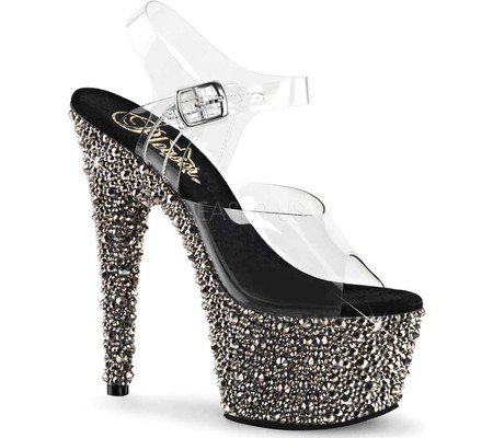 Womens Pleaser Bejeweled 708MS Ankle Strap Sandal - Clear PVC/Pewter Rhinestone - FREE Shipping & Exchanges
