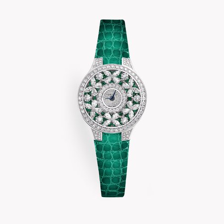 Graff, Classic Butterfly Watch DIAMOND ON EMERALD DIAL, WHITE GOLD, GREEN ALLIGATOR STRAP