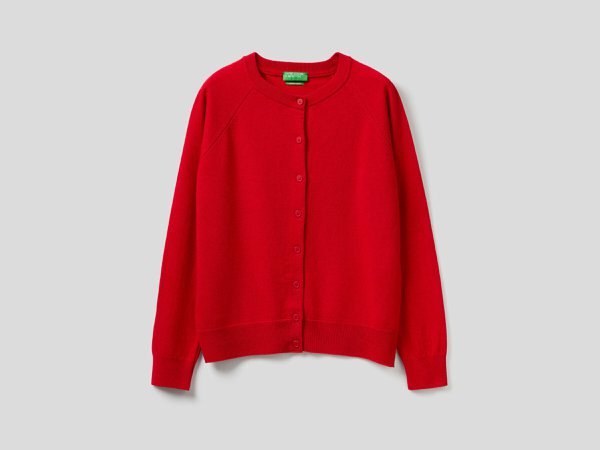 Red crew neck cardigan in cashmere and wool blend