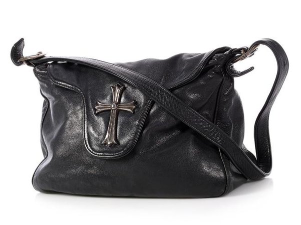 *clipped by @luci-her*Chrome Hearts Sterling Silver Cross Black Calfskin Leather Shoulder Bag - Tradesy