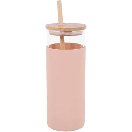Bzocio 17Oz Glass Tumbler Portable Glass Water Bottle Straw Silicone Protective Sleeve Bamboo Lid-Pink