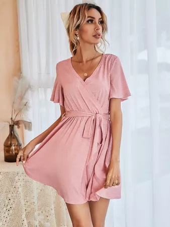 Surplice Front Belted A-line Dress | SHEIN USA