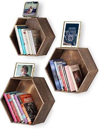 Amazon.com: Rustic State Brooks Wall Mount Hexagon Wooden Box Shelf | Distressed Walnut Varying Sizes Set of 3: Home & Kitchen