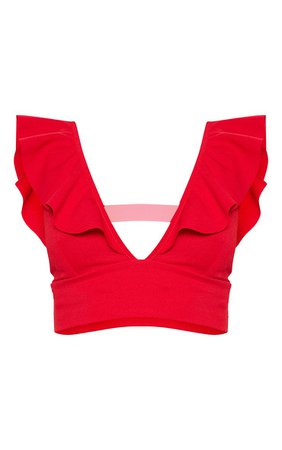 RED FRILL EDGE PLUNGE CROP TOP