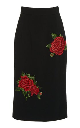 High-Rise Rose-Embroidered Crepe Midi Skirt By Dolce & Gabbana | Moda Operandi