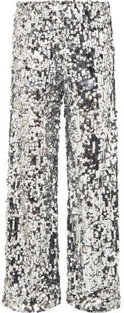 Paillete-embellished Tulle Wide-leg Pants - Silver