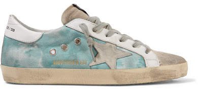 Superstar Distressed Tie-dyed Distressed Canvas, Leather And Suede Sneakers - Blue
