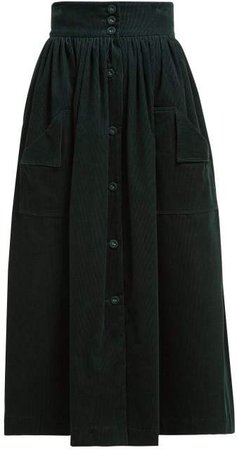 Visiting Button Front Cotton Corduroy Midi Skirt - Womens - Dark Green