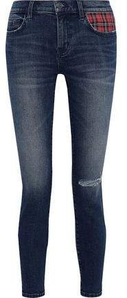 The Stiletto Checked Twill-paneled Distressed Low-rise Skinny Jeans